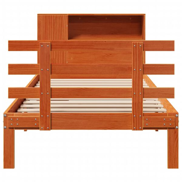 vidaXL barna tömör fenyőfa könyvespolcos ágy matrac nélkül 100 x 200cm