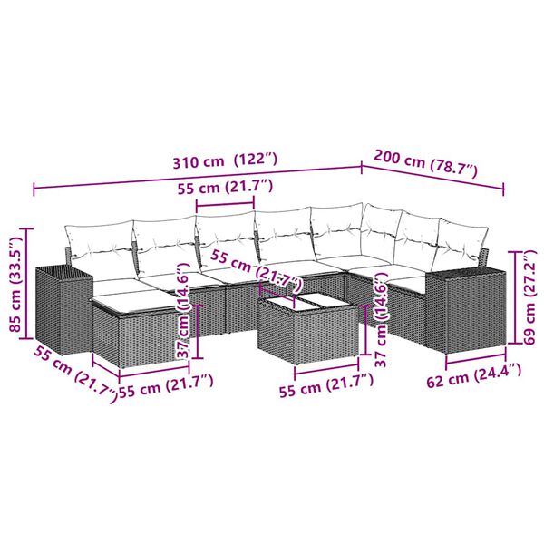 vidaXL 9 r&eacute;szes vil&aacute;gossz&uuml;rke polyrattan kerti &uuml;lőgarnit&uacute;ra p&aacute;rn&aacute;val