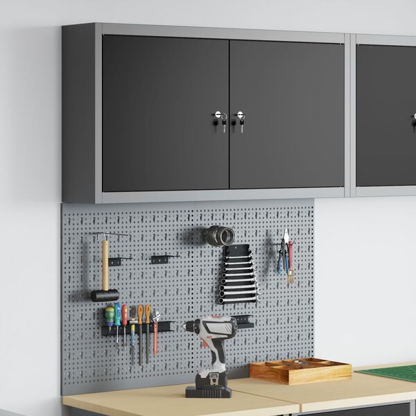 vidaXL Szerszámszekrény és pegboard szett polcokkal 3 pcs Fekete