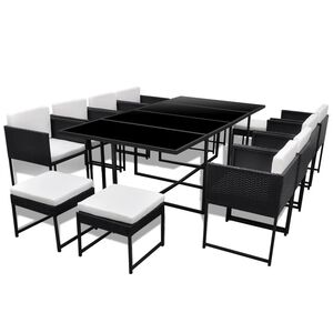 vidaXL 13-r&eacute;szes fekete polyrattan k&uuml;lt&eacute;ri &eacute;tkezőszett p&aacute;rn&aacute;kkal