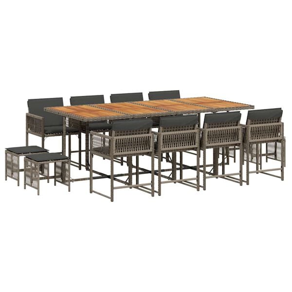 vidaXL 13 r&eacute;szes sz&uuml;rke polyrattan kerti &uuml;lőgarnit&uacute;ra p&aacute;rn&aacute;kkal