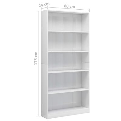 vidaXL 5-szintes magasfényű fehér forgácslap könyvszekrény 80x24x175cm