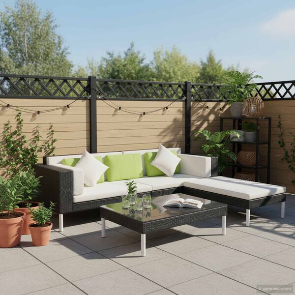 vidaXL 4-részes fekete polyrattan kerti bútorszett párnákkal