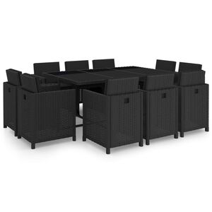 vidaXL 11-r&eacute;szes fekete polyrattan k&uuml;lt&eacute;ri &eacute;tkezőszett p&aacute;rn&aacute;kkal