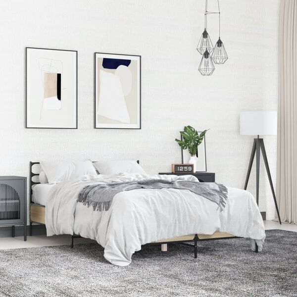 vidaXL sonoma t&ouml;lgysz&iacute;nű szerelt fa &eacute;s f&eacute;m &aacute;gykeret 135 x 190 cm