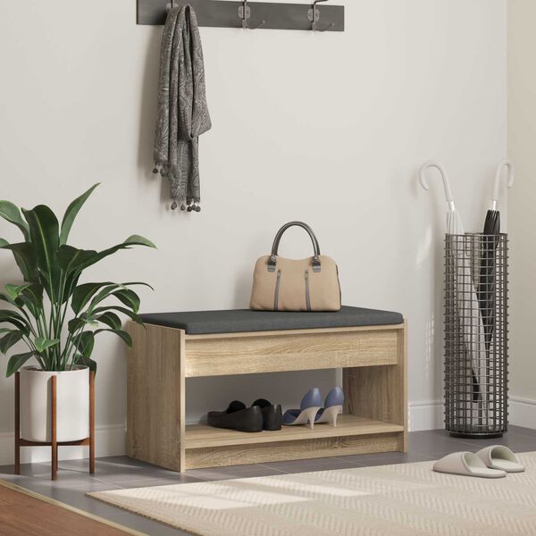 vidaXL Előt&eacute;r pad Sonoma t&ouml;lgy 83 x 38 x 45 cm Műanyag Fa &eacute;s Sz&ouml;vet