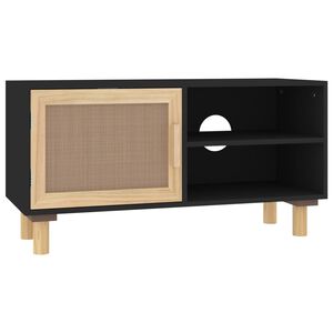 vidaXL fekete fenyőfa &eacute;s term&eacute;szetes rattan TV-szekr&eacute;ny 80x30x40 cm