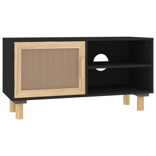 vidaXL fekete fenyőfa és természetes rattan TV-szekrény 80x30x40 cm