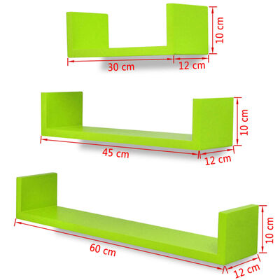 3 zöld MDF U-alakú lebegő fali könyvpolc/DVD tároló