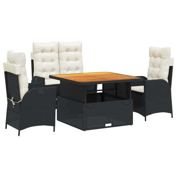 vidaXL 4 r&eacute;szes fekete polyrattan kerti &eacute;tkezőszett p&aacute;rn&aacute;kkal