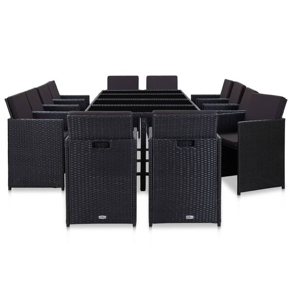 vidaXL 13 részes fekete polyrattan kültéri étkezőszett párnákkal