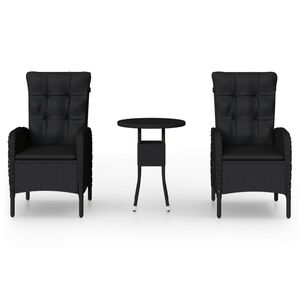 vidaXL 3 r&eacute;szes fekete polyrattan kerti &eacute;tkezőgarnit&uacute;ra p&aacute;rn&aacute;kkal