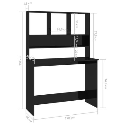 vidaXL magasfényű fekete forgácslap íróasztal polcokkal 110x45x157 cm