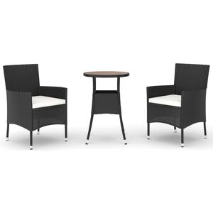 vidaXL 3 r&eacute;szes fekete polyrattan kerti bisztr&oacute;garnit&uacute;ra p&aacute;rn&aacute;kkal