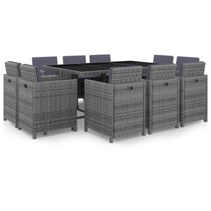 vidaXL 11-r&eacute;szes sz&uuml;rke polyrattan k&uuml;lt&eacute;ri &eacute;tkezőszett p&aacute;rn&aacute;kkal