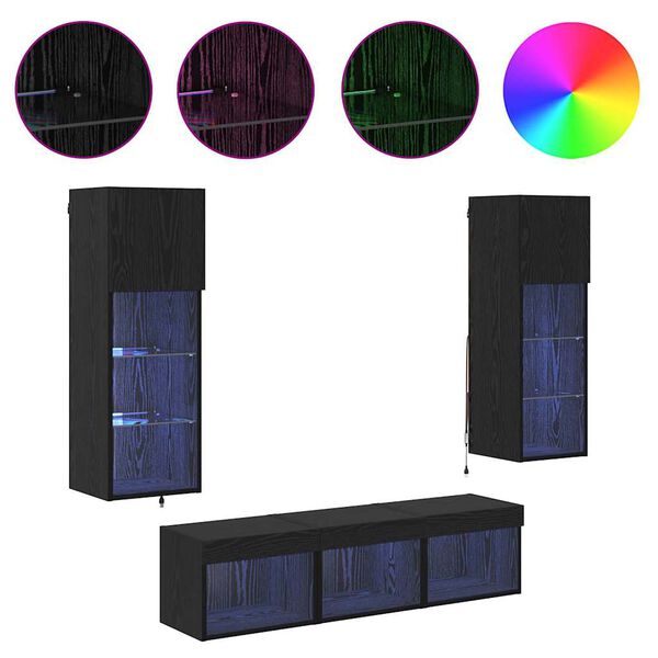 vidaXL TV Fali Egys&eacute;gek LED -es l&aacute;mp&aacute;kkal 5 pcs Fekete t&ouml;lgy Faanyag