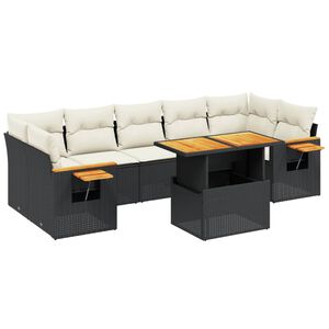 vidaXL 8 r&eacute;szes fekete polyrattan kerti &uuml;lőgarnit&uacute;ra p&aacute;rn&aacute;kkal