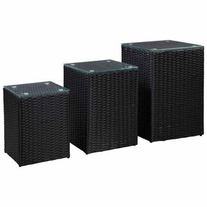 vidaXL 3 db fekete polyrattan kisasztal &uuml;veg asztallappal