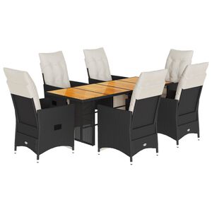 vidaXL 7 r&eacute;szes fekete polyrattan kerti &eacute;tkezőgarnit&uacute;ra p&aacute;rn&aacute;val