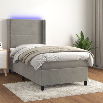 vidaXL világosszürke bársony rugós és LED-es ágy matraccal 90x190 cm