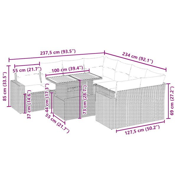 vidaXL 9 r&eacute;szes b&eacute;zs polyrattan kerti &uuml;lőgarnit&uacute;ra p&aacute;rn&aacute;kkal