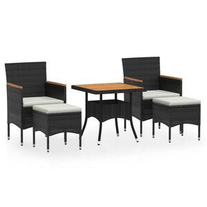 vidaXL 5 r&eacute;szes fekete polyrattan/t&ouml;m&ouml;r ak&aacute;cfa kerti &eacute;tkezőgarnit&uacute;ra