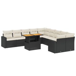 vidaXL 11 r&eacute;szes fekete polyrattan kerti &uuml;lőgarnit&uacute;ra p&aacute;rn&aacute;kkal