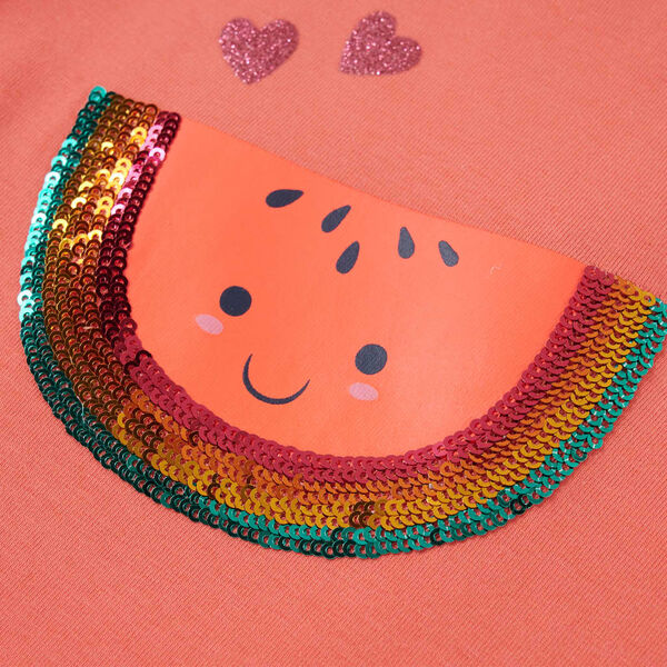 Korall sz&iacute;nű fodros ujj&uacute; gyerekp&oacute;l&oacute; 116