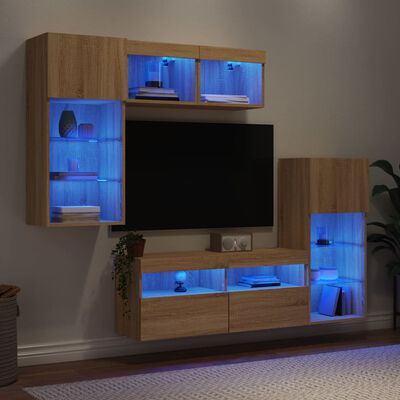 vidaXL 5 darab füstös tölgy színű szerelt fa TV-bútor LED-del