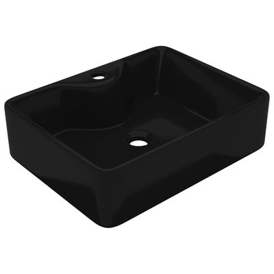 Négyszögletes kerámia fürdőszoba mosdókagyló csaptelep lyukkal fekete