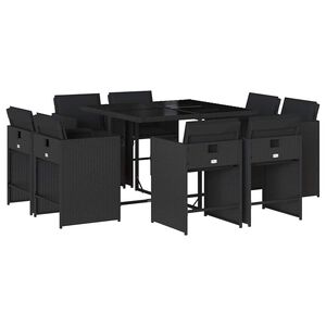 vidaXL 9 r&eacute;szes fekete polyrattan kerti &eacute;tkezőgarnit&uacute;ra p&aacute;rn&aacute;kkal
