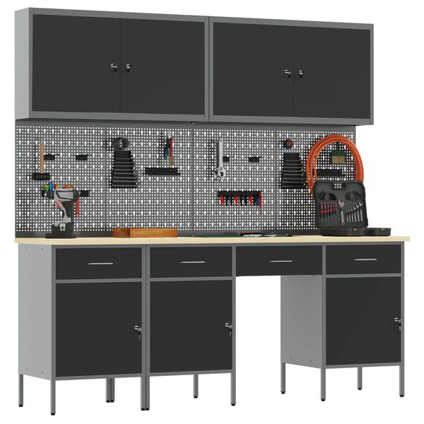 vidaXL Munkaszekr&eacute;ny fi&oacute;kkal z&aacute;rral 10 pcs Fekete Műszaki fa &eacute;s ac&eacute;l