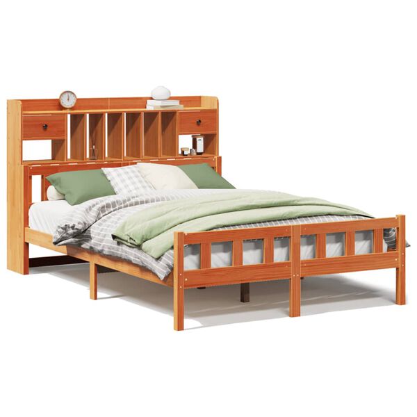 vidaXL barna t&ouml;m&ouml;r fenyőfa k&ouml;nyvespolcos &aacute;gy matrac n&eacute;lk&uuml;l 150 x 200cm