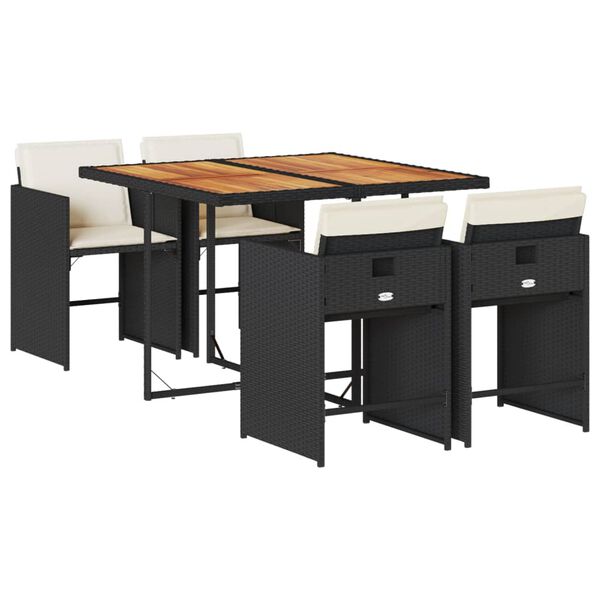 vidaXL 5 r&eacute;szes fekete polyrattan kerti &eacute;tkezőgarnit&uacute;ra p&aacute;rn&aacute;kkal