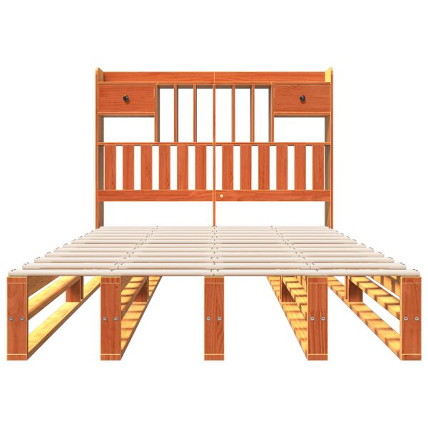 vidaXL barna t&ouml;m&ouml;r fenyőfa k&ouml;nyvespolcos &aacute;gy matrac n&eacute;lk&uuml;l 135 x 190cm