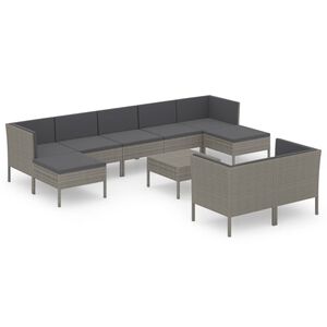 vidaXL 10 r&eacute;szes sz&uuml;rke polyrattan kerti &uuml;lőgarnit&uacute;ra p&aacute;rn&aacute;kkal