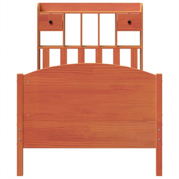 vidaXL barna tömör fenyőfa könyvespolcos ágy matrac nélkül 100 x 200cm