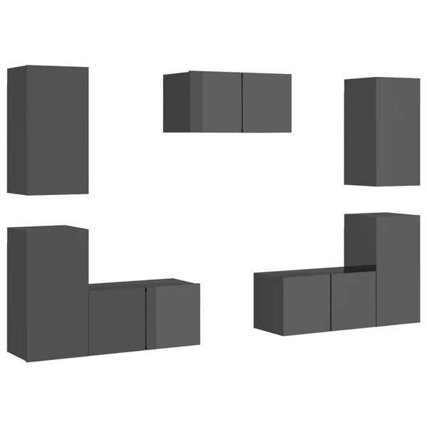 vidaXL 7 r&eacute;szes magasf&eacute;nyű sz&uuml;rke szerelt fa TV-szekr&eacute;nyszett