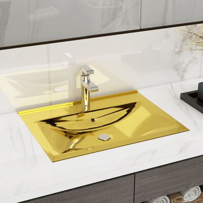 vidaXL aranyszínű kerámia mosdókagyló túlfolyóval 60 x 46 x 16 cm