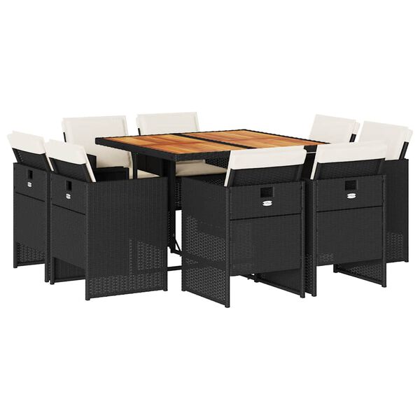 vidaXL 9 r&eacute;szes fekete polyrattan kerti &eacute;tkezőgarnit&uacute;ra p&aacute;rn&aacute;kkal