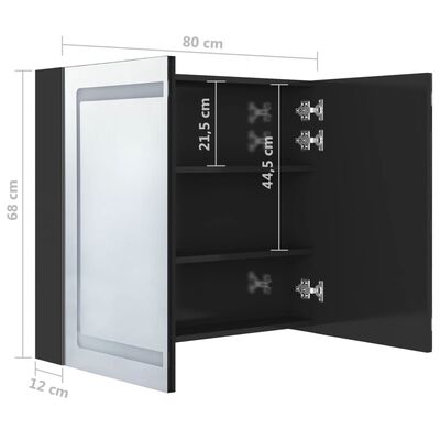vidaXL fényes fekete LED-es tükrös fürdőszobaszekrény 80 x 12 x 68 cm
