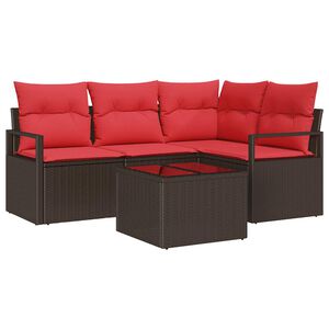 vidaXL Kerti Kanap&eacute; Szett p&aacute;rn&aacute;val 5 pcs Barna &eacute;s Piros polirattan