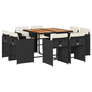 vidaXL 9 r&eacute;szes fekete polyrattan kerti &eacute;tkezőgarnit&uacute;ra p&aacute;rn&aacute;kkal