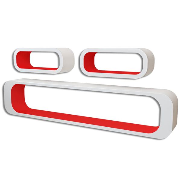 3 n&eacute;gysz&ouml;gű feh&eacute;r-piros MDF lebegő fali k&ouml;nyvpolc/DVD t&aacute;rol&oacute;