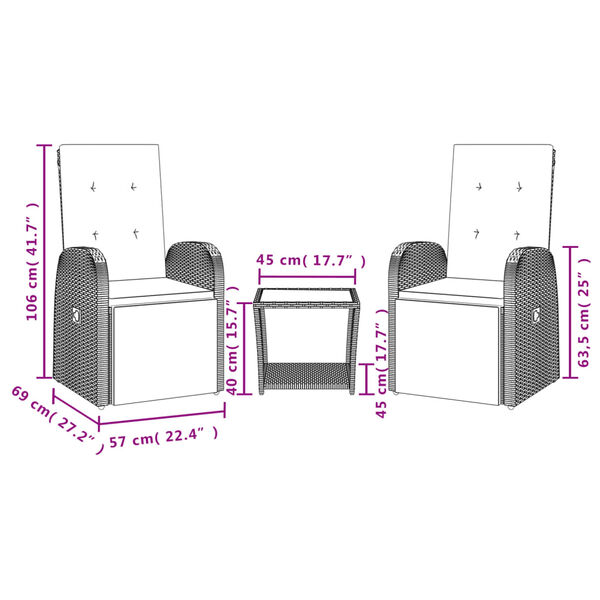vidaXL 3 r&eacute;szes sz&uuml;rke polyrattan kerti &eacute;tkezőgarnit&uacute;ra p&aacute;rn&aacute;val