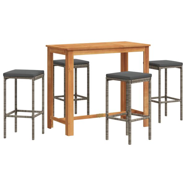 vidaXL 5 részes szürke tömör akácfa és polyrattan kerti bárszett