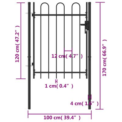 vidaXL fekete acél ívelt tetejű kerítéskapu 1 x 1,2 m