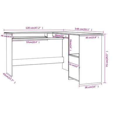 vidaXL sonoma színű forgácslap L-alakú sarok-íróasztal 120x140x75 cm
