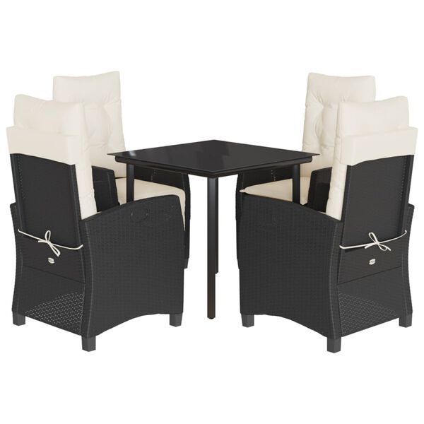 vidaXL 5 r&eacute;szes fekete polyrattan kerti &eacute;tkezőgarnit&uacute;ra p&aacute;rn&aacute;kkal