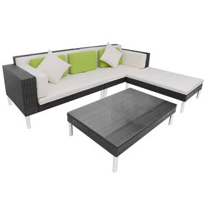 vidaXL 4-r&eacute;szes fekete polyrattan kerti b&uacute;torszett p&aacute;rn&aacute;kkal